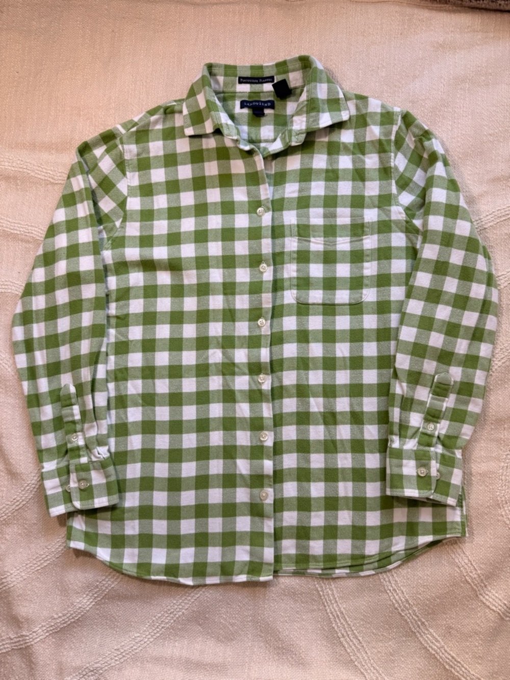Lands' End 100% Cotton Green and White Checkered Shirt Porteguese Flannel
